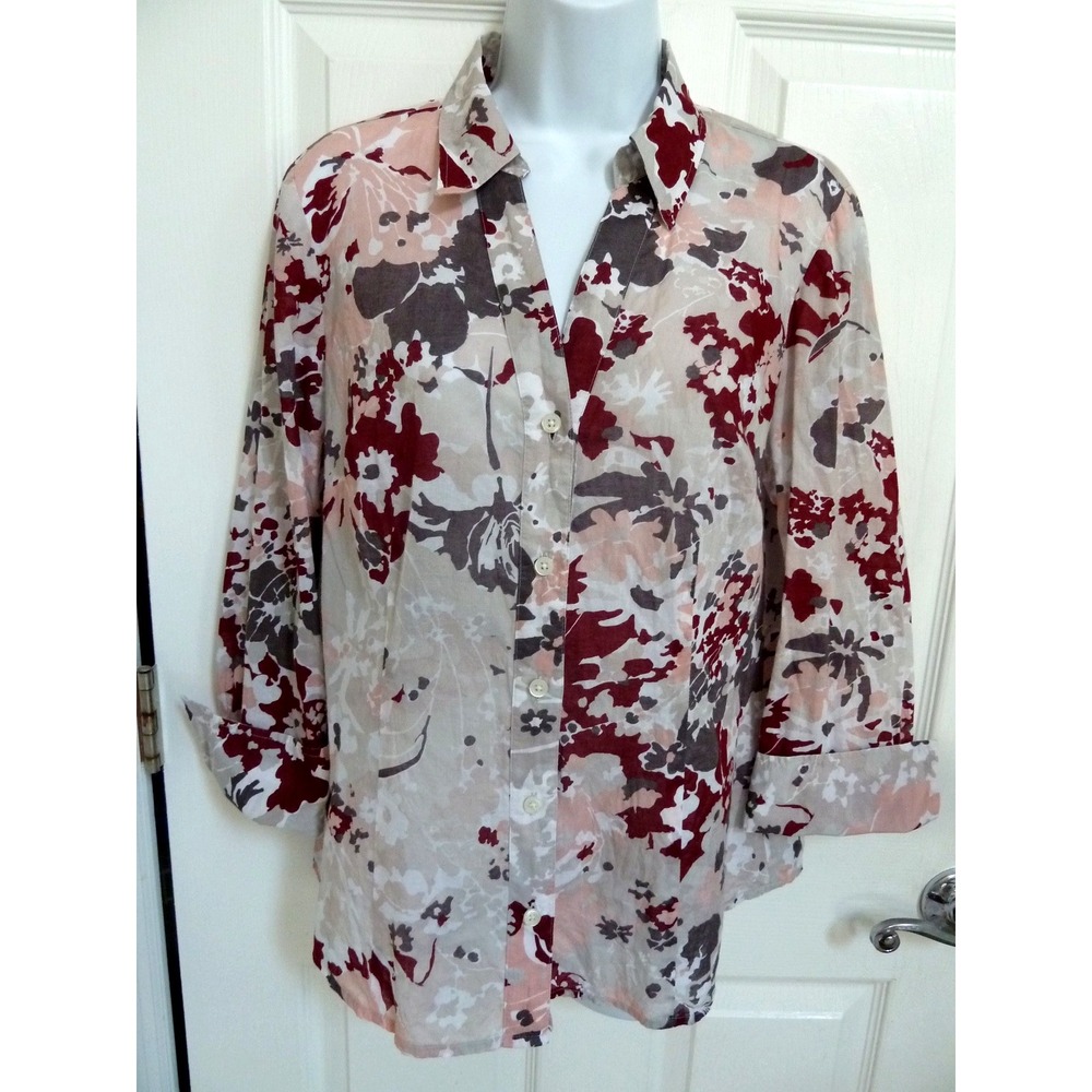 Ann Taylor Womens Size 12 Blouse Cotton Abstract Floral 3/4 Sleeve Cuffed Top